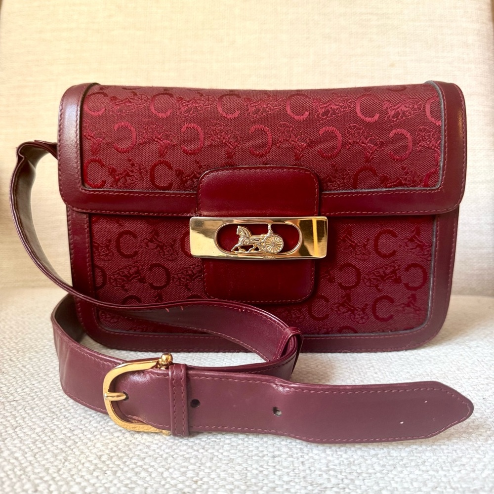 Celine Vintage Horse Carriage Crossbody Bag – Burgundy Canvas & Leather
